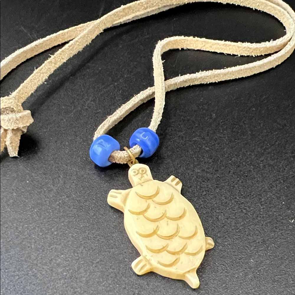 Vintage Carved Buffalo Bone Turtle Pendant Necklace with Blue Beads